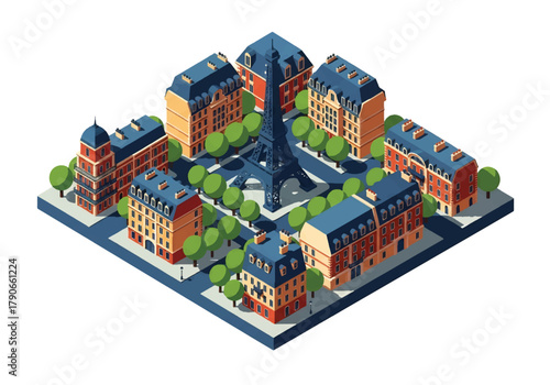 Flat 3D isometric vector of Paris skyline with central tower silhouette, elegant rooftops, and avenue layout. Solid pastel palette, clean geometry, no gradients, squared frame