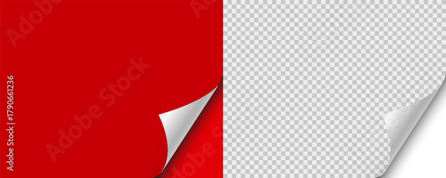 Blank page with curled edge corner and shadow, page curl with shadow on blank sheet, curled page corner isolated on transparent and red background, rolled up stickers, peel banners, bent sheet set