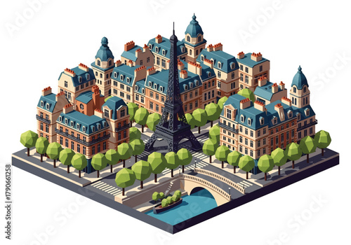 Flat 3D isometric vector of Paris skyline with central tower silhouette, elegant rooftops, and avenue layout. Solid pastel palette, clean geometry, no gradients, squared frame