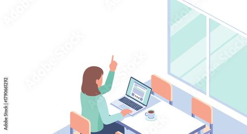 Woman working on laptop and raising hand in modern office  