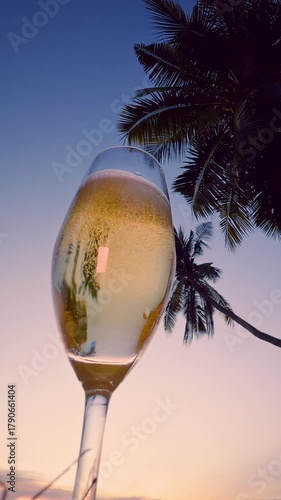 Vertical video. Low Angle View of Champagne Being Poured into Glass with Palm Trees and Sunset Sky in Background, Romantic Celebration on Tropical Beach Concept