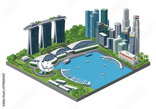Flat 3D isometric Singapore cityscape with marina waterfront towers and tropical greenery. Solid pastel tones, no gradients, geometric balanced layout, ideal for travel branding