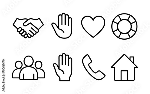 Set of minimalist line art icons: handshake, heart, phone, home, group, life buoy