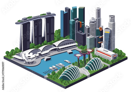 Flat 3D isometric Singapore cityscape with marina waterfront towers and tropical greenery. Solid pastel tones, no gradients, geometric balanced layout, ideal for travel branding