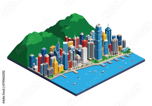 Flat vector 3D isometric Hong Kong skyline with vertical skyscrapers on harbor edge. Solid bold colors, squared composition, no gradients, perfect for finance and travel themes