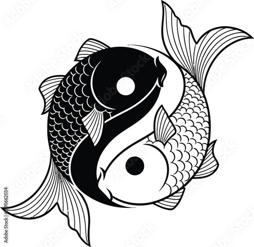 Stylized black and white yin yang symbol formed by two intertwined fish swimming in a circle
