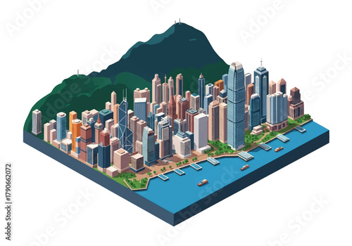 Flat vector 3D isometric Hong Kong skyline with vertical skyscrapers on harbor edge. Solid bold colors, squared composition, no gradients, perfect for finance and travel themes