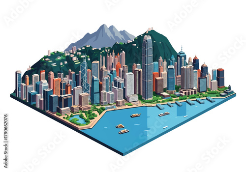 Flat vector 3D isometric Hong Kong skyline with vertical skyscrapers on harbor edge. Solid bold colors, squared composition, no gradients, perfect for finance and travel themes