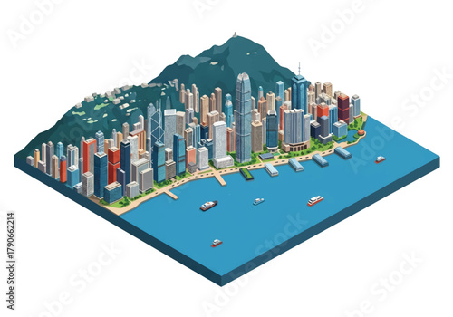 Flat vector 3D isometric Hong Kong skyline with vertical skyscrapers on harbor edge. Solid bold colors, squared composition, no gradients, perfect for finance and travel themes