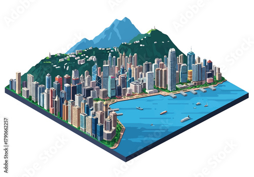 Flat vector 3D isometric Hong Kong skyline with vertical skyscrapers on harbor edge. Solid bold colors, squared composition, no gradients, perfect for finance and travel themes