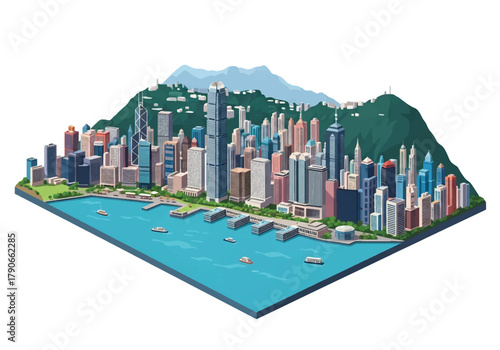 Flat vector 3D isometric Hong Kong skyline with vertical skyscrapers on harbor edge. Solid bold colors, squared composition, no gradients, perfect for finance and travel themes