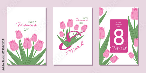 A set of fashionable postcards with congratulations for Women's Day. Posters for International Women's Day with springy delicate pink tulips . Vector design.