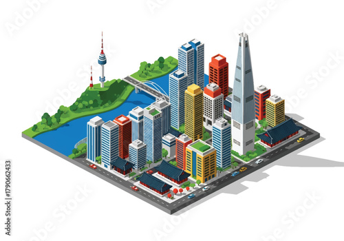 Flat isometric Seoul cityscape with modern tower blocks, hilly skyline, and layered perspective. Solid soft tones, no gradients, clean geometric structure, squared modern composition