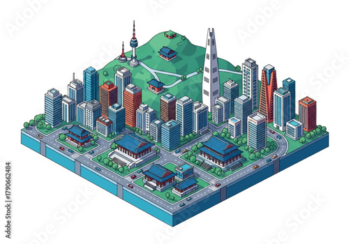 Flat isometric Seoul cityscape with modern tower blocks, hilly skyline, and layered perspective. Solid soft tones, no gradients, clean geometric structure, squared modern composition