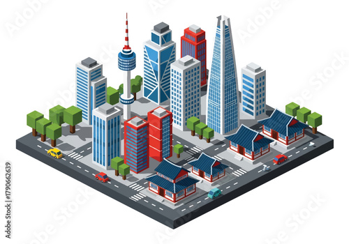 Flat isometric Seoul cityscape with modern tower blocks, hilly skyline, and layered perspective. Solid soft tones, no gradients, clean geometric structure, squared modern composition