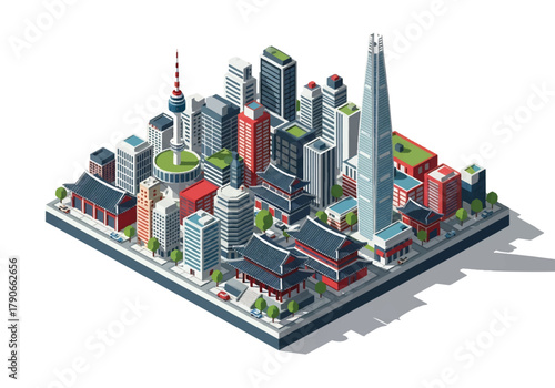 Flat isometric Seoul cityscape with modern tower blocks, hilly skyline, and layered perspective. Solid soft tones, no gradients, clean geometric structure, squared modern composition