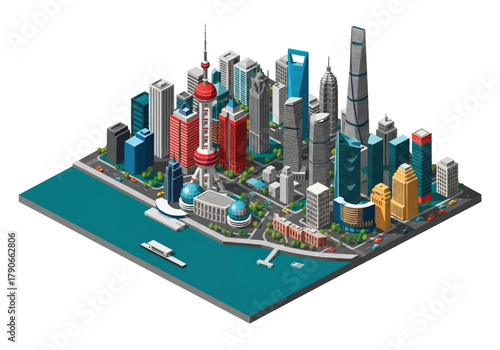 Flat isometric Seoul cityscape with modern tower blocks, hilly skyline, and layered perspective. Solid soft tones, no gradients, clean geometric structure, squared modern composition