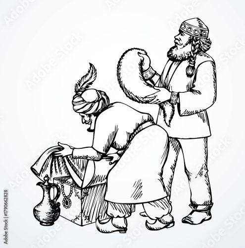 Vector drawing. Man sells a fabric on ancient market