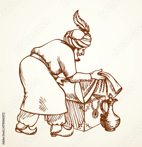 Vector drawing. Man sells a fabric om ancient market