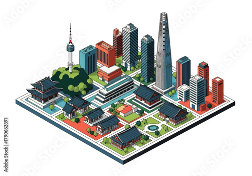 Flat 3D isometric Shanghai skyline with futuristic tall towers and dense urban blocks. Solid bold palette, geometric clean forms, no gradients, squared layout, modern tech style