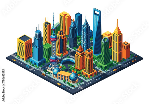 Flat 3D isometric Shanghai skyline with futuristic tall towers and dense urban blocks. Solid bold palette, geometric clean forms, no gradients, squared layout, modern tech style