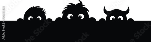 Three cute black cartoon monsters with big eyes peeking over a black surface against a white background