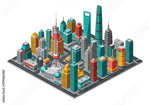 Flat 3D isometric Shanghai skyline with futuristic tall towers and dense urban blocks. Solid bold palette, geometric clean forms, no gradients, squared layout, modern tech style