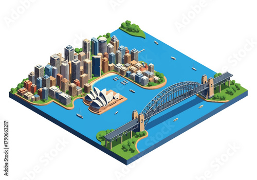 Flat vector isometric Sydney cityscape with curved harbor bridge, coastal skyline, and geometric modern buildings. Solid blue palette, no gradients, squared balanced composition