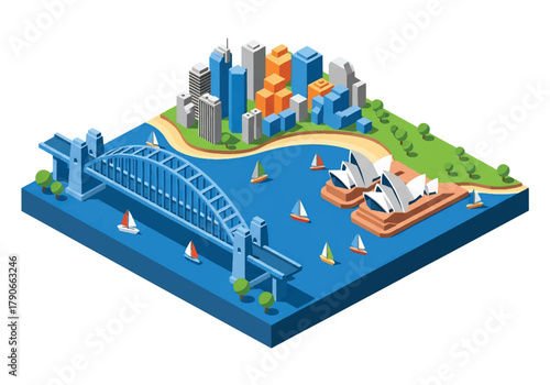 Flat vector isometric Sydney cityscape with curved harbor bridge, coastal skyline, and geometric modern buildings. Solid blue palette, no gradients, squared balanced composition