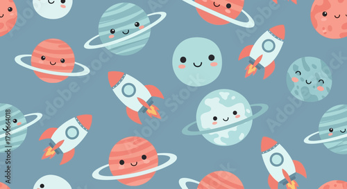 Whimsical pattern showing cartoon planets with rings, smiling faces, & rockets against a cool blue background