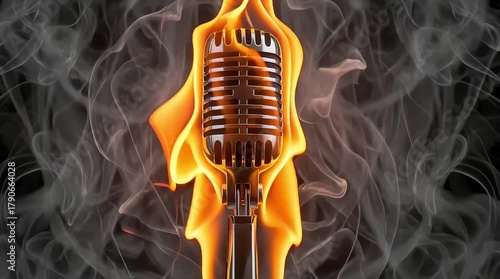 Vintage Microphone on Fire - A Fiery Performance Visual.