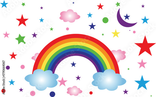 Bright Rainbow with Clouds and Colorful Stars Vector