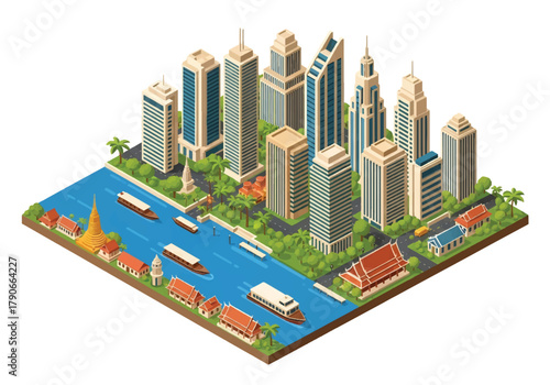 Flat 3D isometric Bangkok cityscape featuring sleek skyscrapers, riverside layout, and tropical trees. clean modern geometry, squared composition