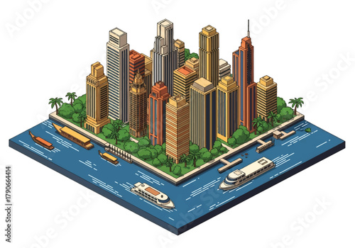 Flat 3D isometric Bangkok cityscape featuring sleek skyscrapers, riverside layout, and tropical trees. clean modern geometry, squared composition