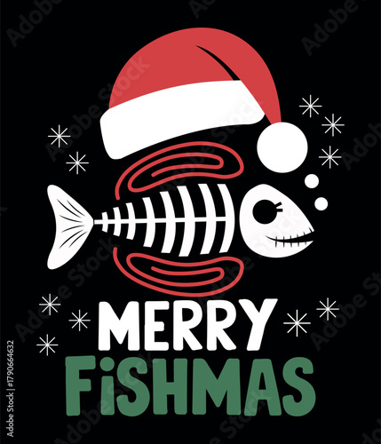 Merry Fishmas Graphic with Santa Hat and Snowflakes on Fish Skeleton