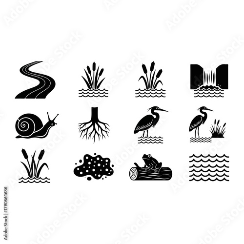 Black and White Icons of Wetland Ecosystem Elements.