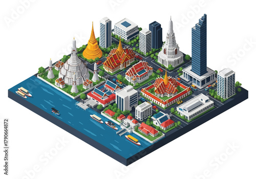 Flat 3D isometric Bangkok cityscape featuring sleek skyscrapers, riverside layout, and tropical trees. clean modern geometry, squared composition