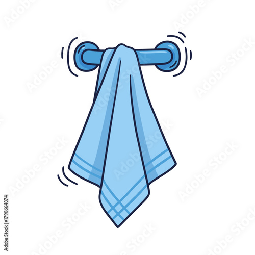 Blue towel hanging on a rack with gentle waves  