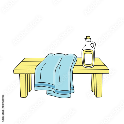 Towel draped over wooden bench with bottle of oil on tabletop  