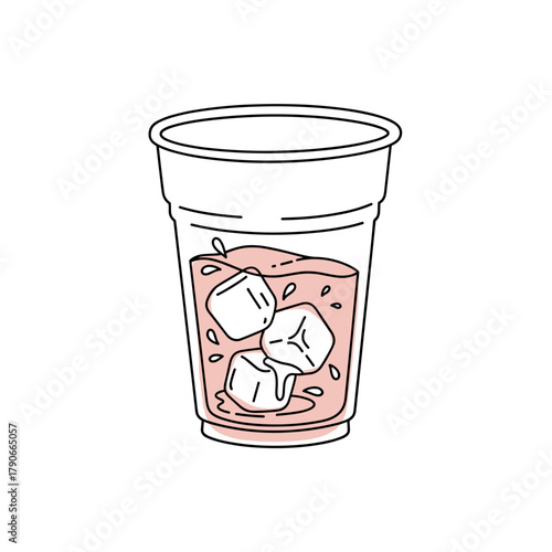 Cup of iced drink with ice cubes and liquid inside  