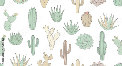 A repeating pattern featuring various stylized cacti and succulents in pastel colors on a white background