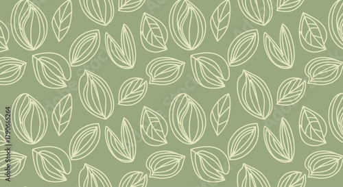 A repeating pattern featuring stylized light-colored leaves and ovals over a muted green backdrop creating a seamless design