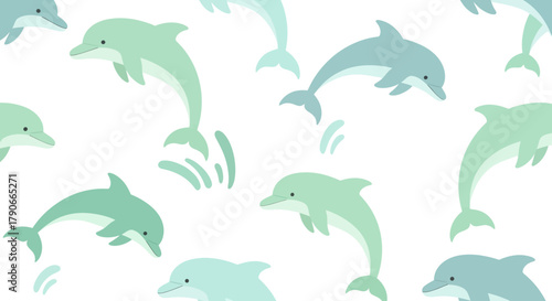A white background hosts a repeated pattern of cartoony dolphins in shades of aqua and teal, some splashing