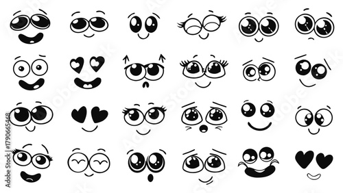 A collection of cute cartoon facial expressions with big expressive eyes and various mouth shapes.