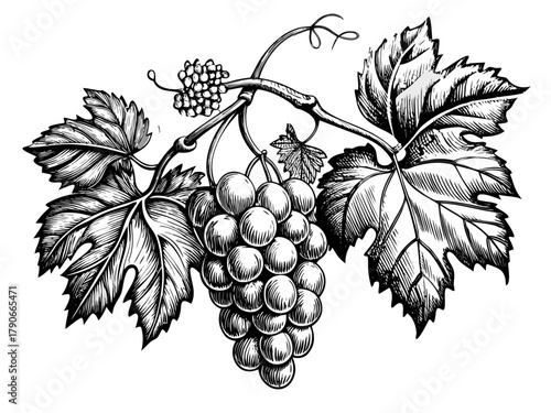 A botanical illustration of a grapevine with hanging grape clusters, curling tendrils, and large veined leaves. Vector illustration.
