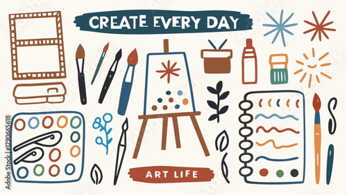 A colorful hand-drawn illustration showing paintbrushes, easels, sketchbooks, palettes, and paint tubes.