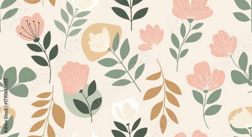 A floral seamless pattern with stylized pastel flowers & leaves on a light beige backdrop. Features round & elongated shapes