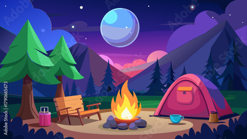 A cozy nighttime camping scene under a clear starry sky with a bright full moon