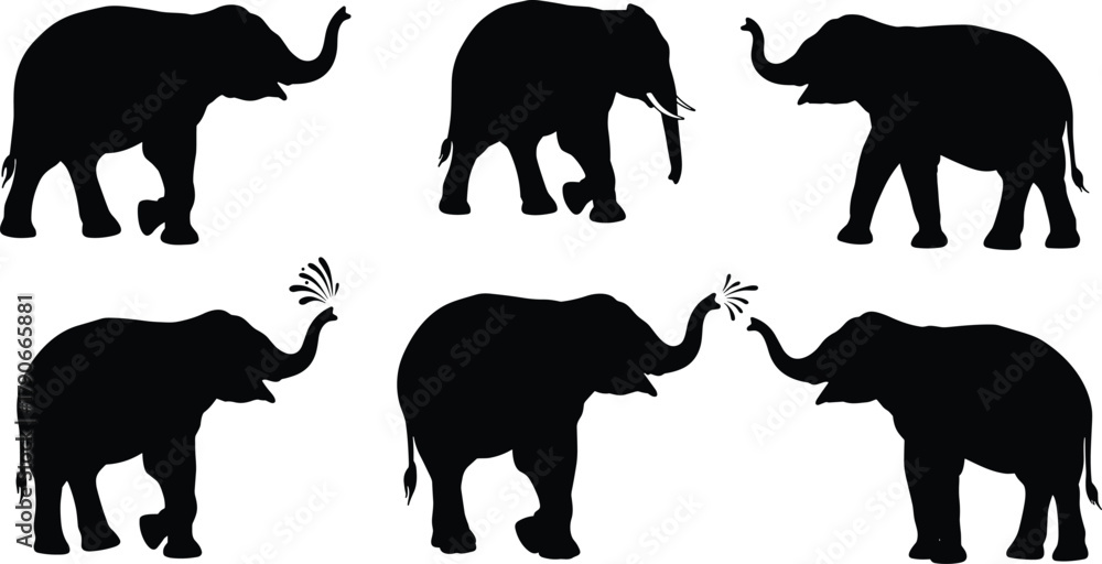 Naklejka premium Elephant silhouettes with raised trunks and water splash, vector illustration of wildlife animals, safari nature design