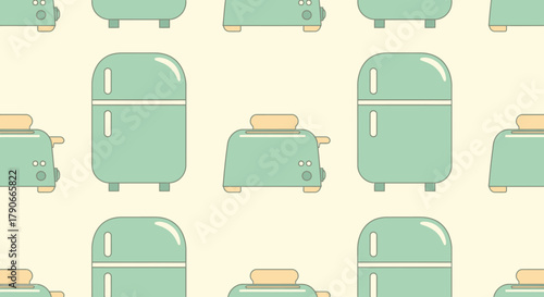 Repeating pattern of cartoon teal refrigerators and toasters with a simple bread slice, set against a cream backdrop